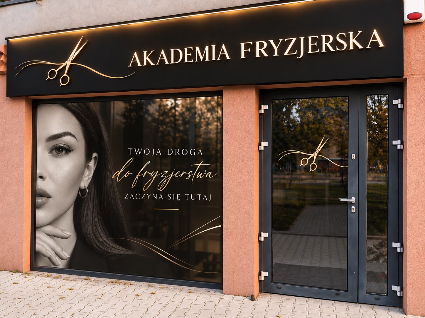 Wejście do akademii — podświetlany szyld „AKADEMIA FRYZJERSKA” i witryna z napisem „Twoja droga do fryzjerstwa zaczyna się tutaj”